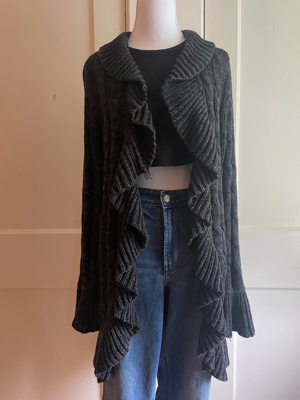 I.N.C. Black Ruffled Knit Cardigan Sweater - Women's Size L